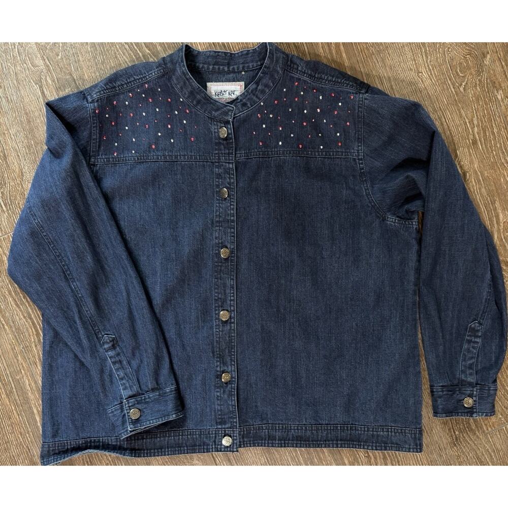 Krazy Kat Rhinestone Denim Jacket Shirt Women’s 2XL XXL Button Up Vintage-Style
